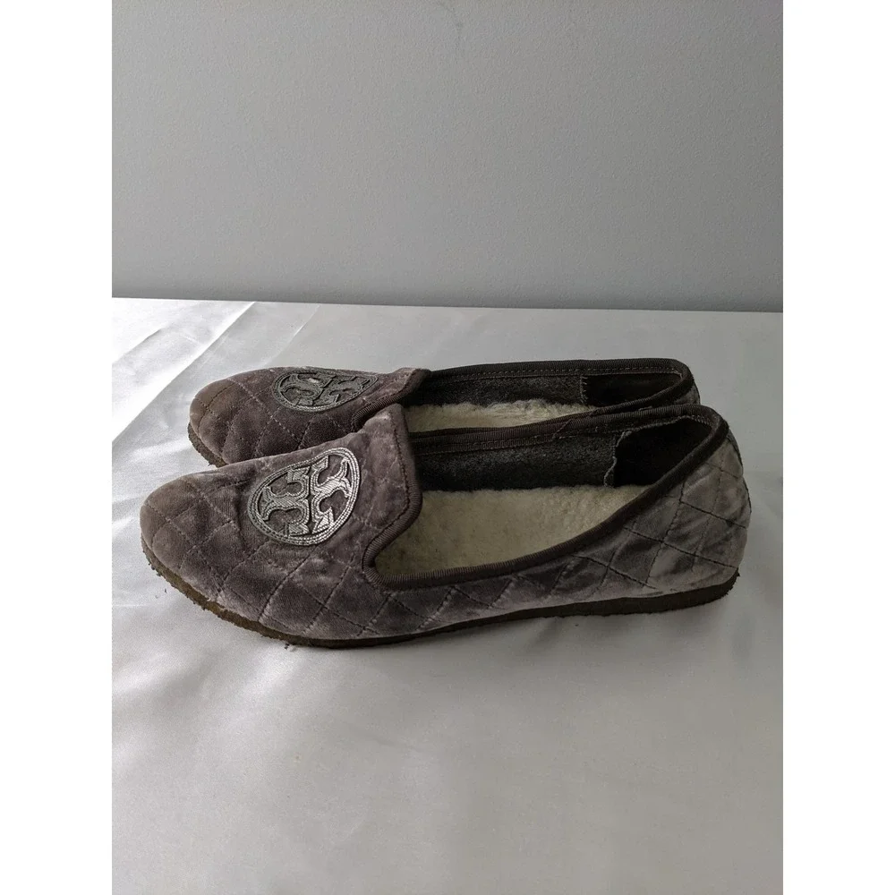 Tory Burch Womens Charcoal Grey Quilted Velvet Faux Shearling Slippers Size 9